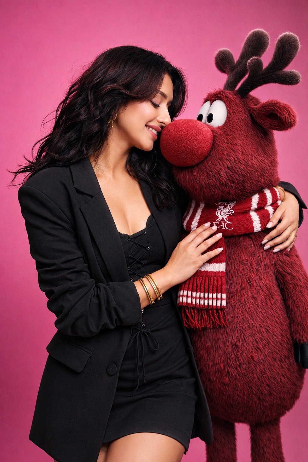 粉色西装女子与拟人驯鹿影棚肖像 / Pink Blazer Woman And Anthropomorphic Reindeer Studio Portrait，角色设计，人像、角色、极简，案例输出图 2