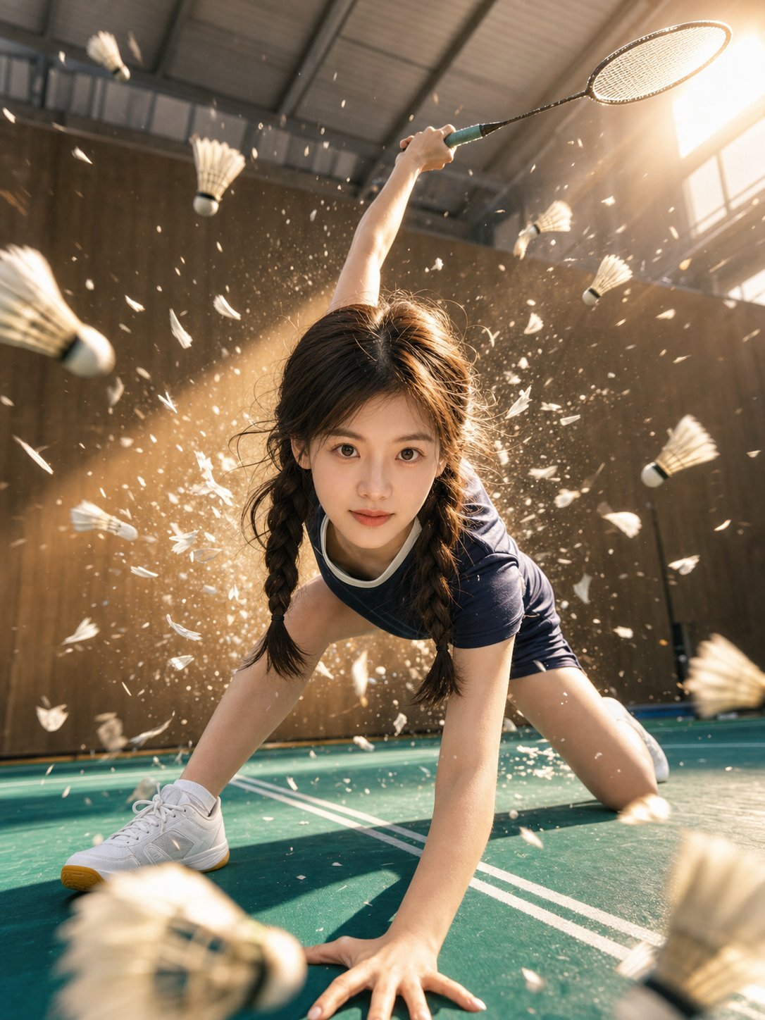 电影感羽毛球赛场低视角动感运动人像 / Cinematic Badminton Sports Action Portrait，人像与摄影，人像、电影感、时尚，案例输出图 1