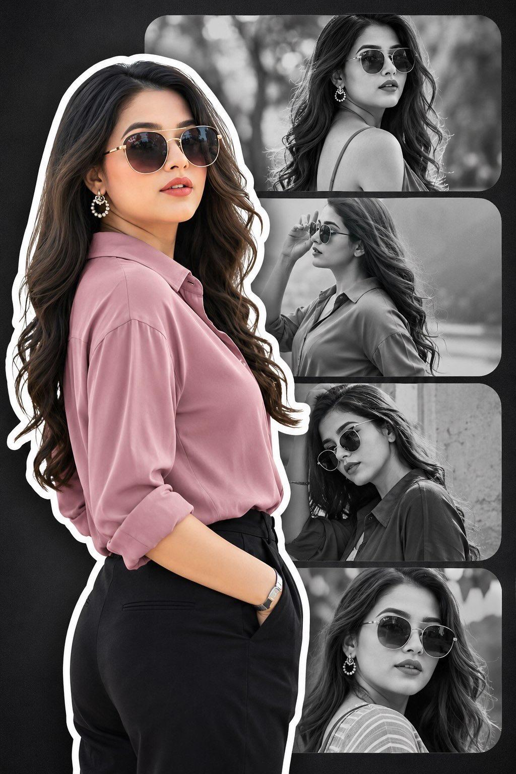 垂直海报拼贴设计粉色衬衫墨镜女子 / Vertical Poster Collage Fashion Woman Sunglasses，人像与摄影，人像、电影感、时尚，案例输出图 1