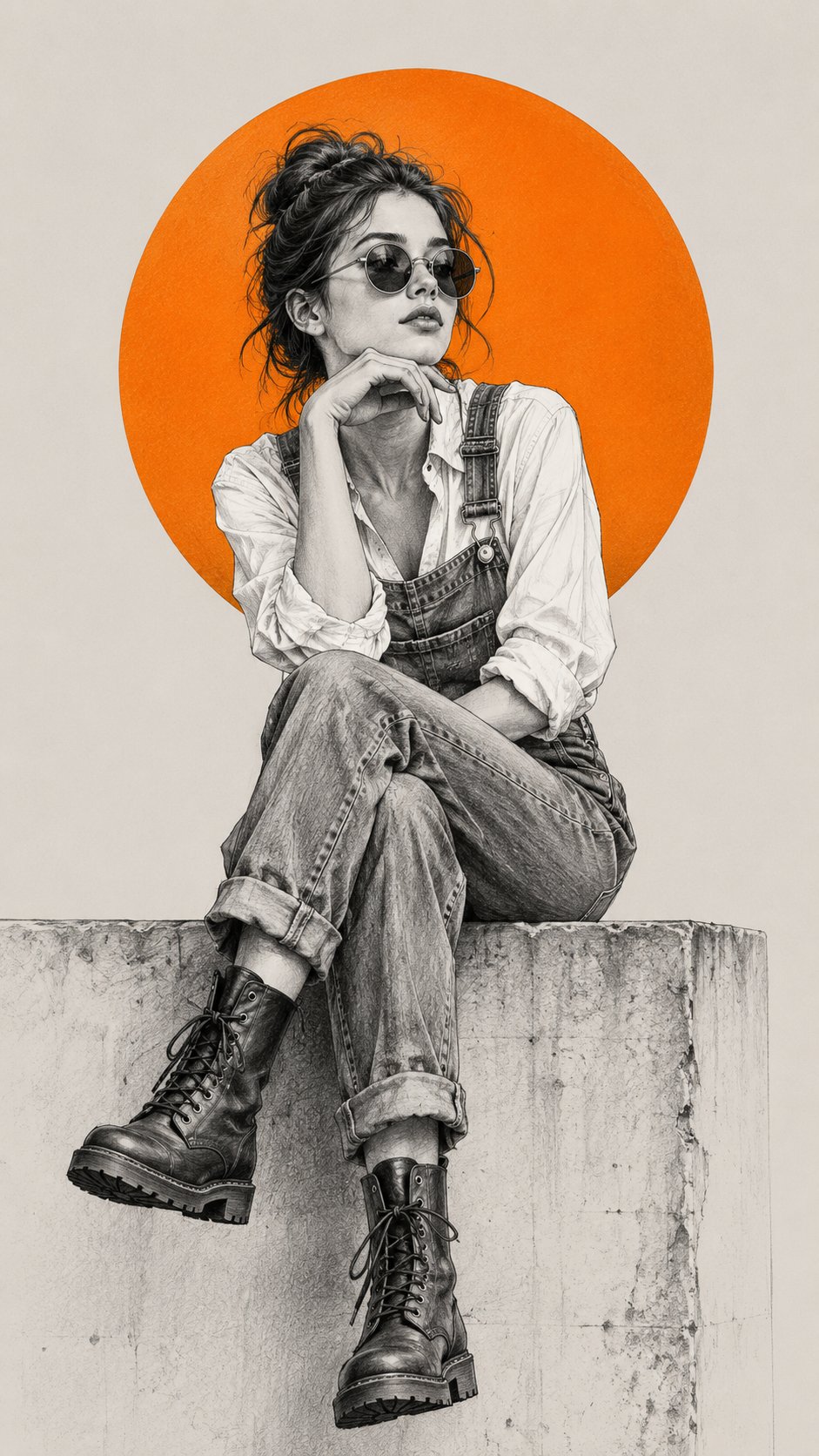 橙色圆形背景极简黑白时尚女性素描 / Stylish Woman Monochrome Sketch Orange Circle，角色设计，人像、电影感、时尚，案例输出图 1