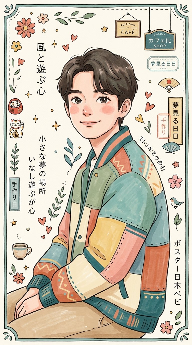 治愈系日式绘本风民俗艺术插画 / Japanese Whimsical Folk Art Illustration Prompt，角色设计，霓虹、时尚、海报，案例输出图 1