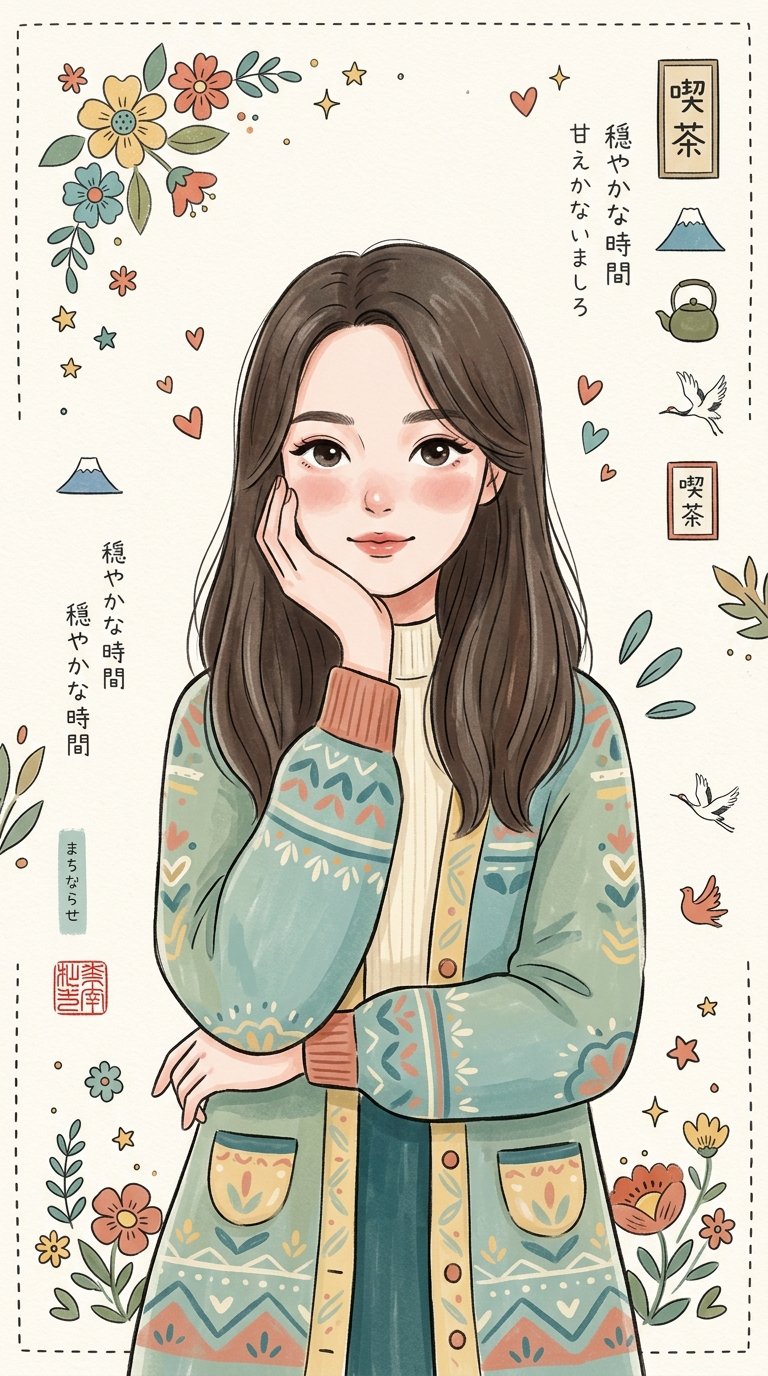 治愈系日式绘本风民俗艺术插画 / Japanese Whimsical Folk Art Illustration Prompt，角色设计，霓虹、时尚、海报，案例输出图 2
