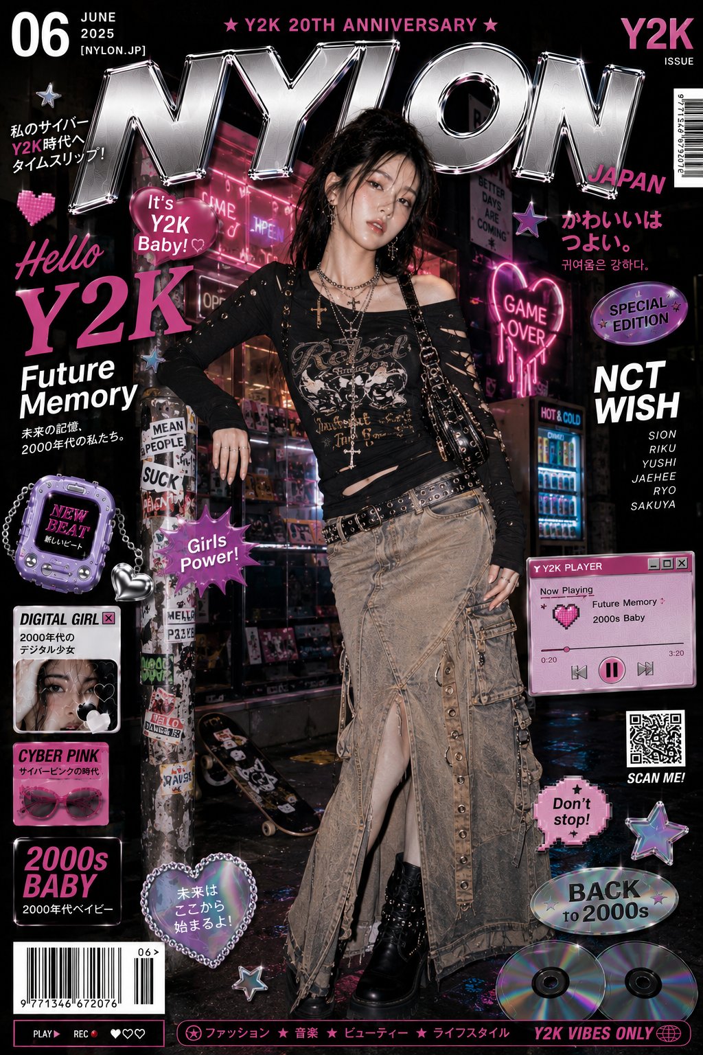 Y2K高奢杂志封面赛博霓虹韩系潮流视觉 / Y2k Fashion Magazine Cyberpunk Editorial Prompt,UI 与社交媒体截图,霓虹、电影感、时尚,案例输出图 1