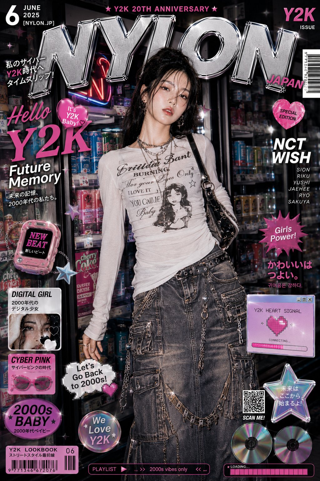 Y2K高奢杂志封面赛博霓虹韩系潮流视觉 / Y2k Fashion Magazine Cyberpunk Editorial Prompt，UI 与社交媒体截图，霓虹、电影感、时尚，案例输出图 2