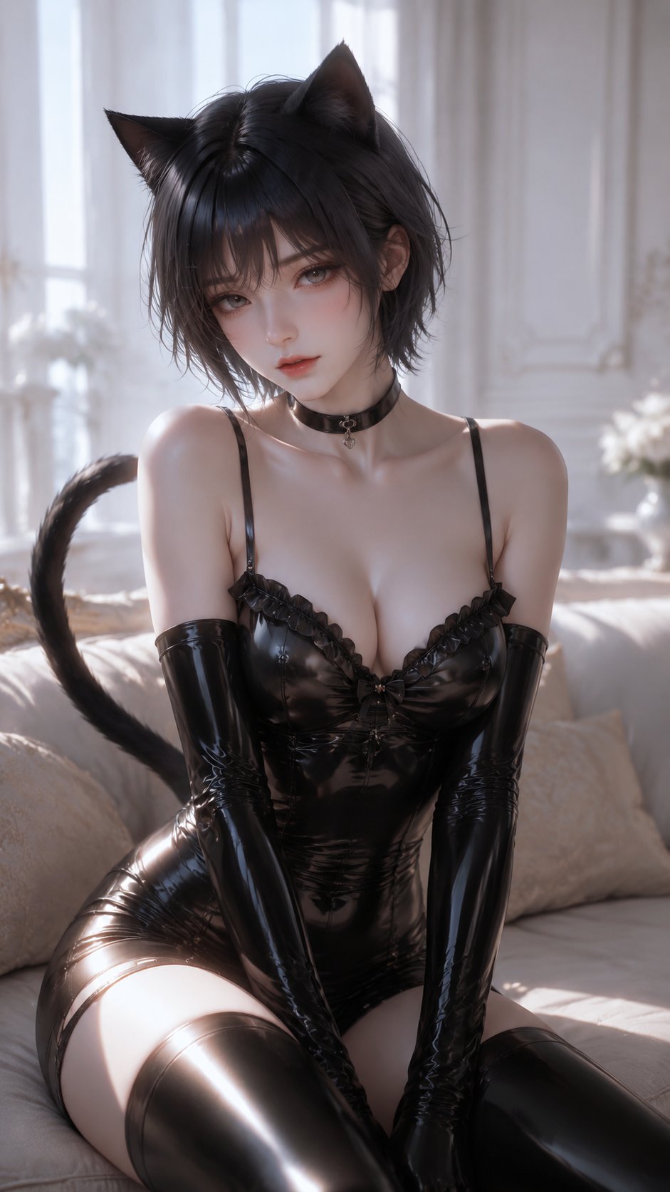 东方幻想猫系女性黑色皮衣3D写实人像 / Oriental Fantasy Cat Woman Latex 3d Portrait，角色设计，人像、电影感、时尚，案例输出图 1