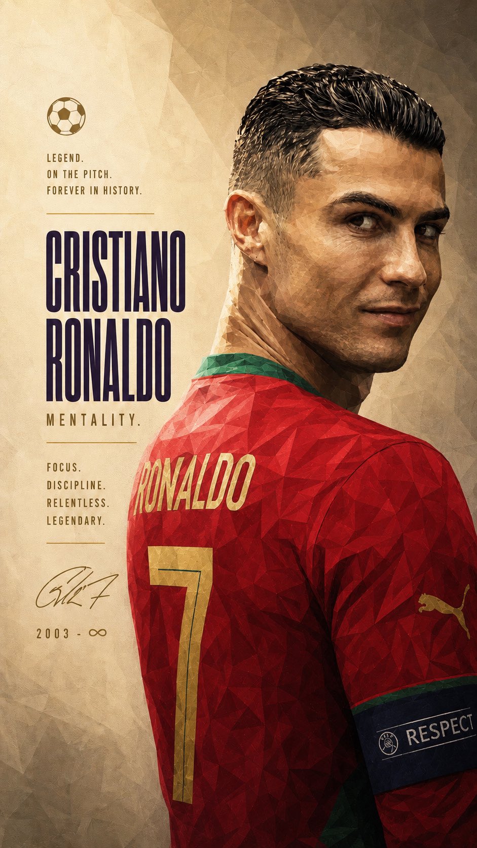 极简低多边形C罗传奇足球纪念海报 / Ronaldo Tribute Low Poly Sports Poster Design，人像与摄影，人像、电影感、时尚，案例输出图 1