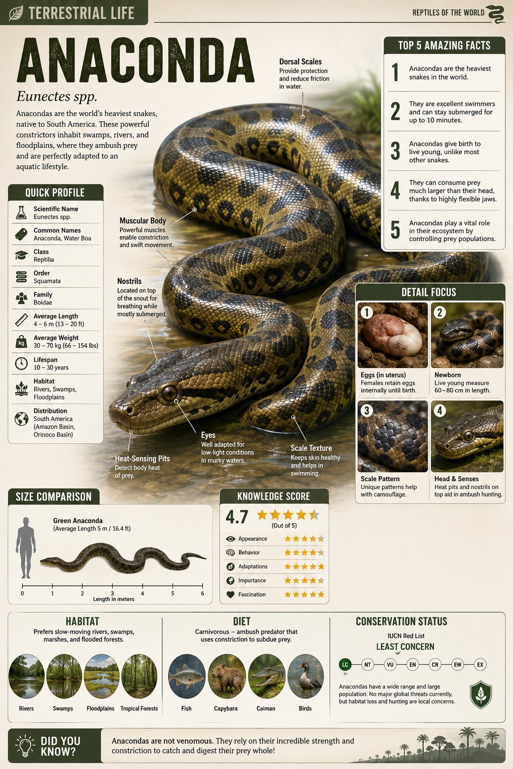现代风格水森蚺科学百科信息图 / Anaconda Encyclopedia Educational Infographic,模型对比与社区,插画、排版、信息图,案例输出图 1