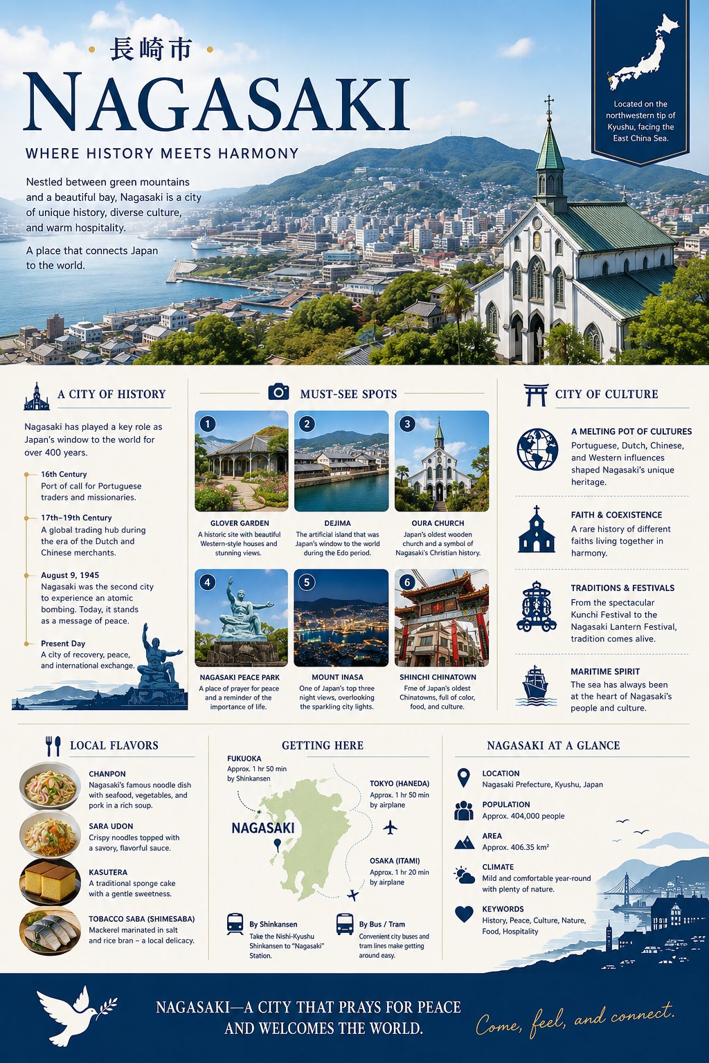 长崎旅游图文海报现代简约风 / Nagasaki Tourism Infographic Poster,角色设计,电影感、时尚、海报,案例输出图 1