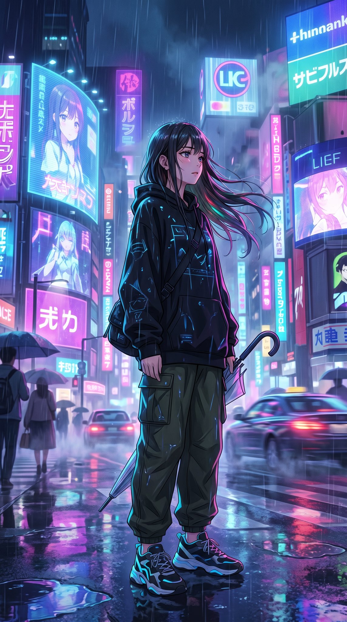 霓虹雨夜街头赛博朋克风少女 / Cinematic Anime Tokyo Neon Rain Girl,角色设计,35mm、霓虹、电影感,案例输出图 1