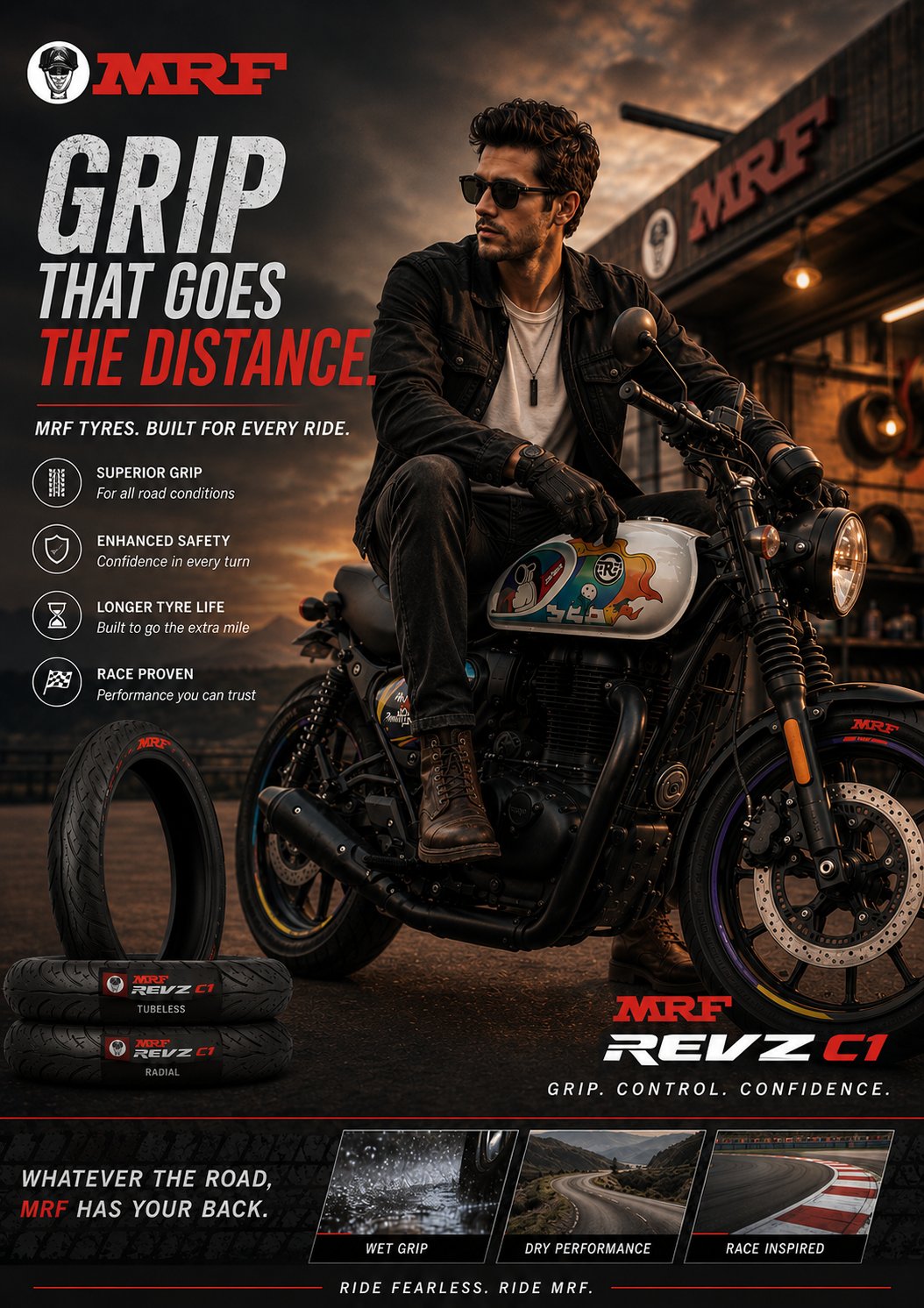 MRF摩托车轮胎高级复古海报 / Mrf Revz C1 Motorcycle Tyre Commercial Poster，人像与摄影，人像、电影感、时尚，案例输出图 1