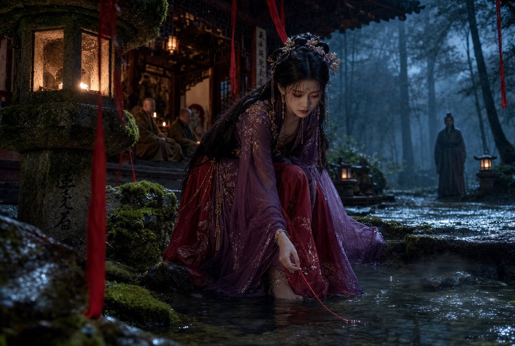 迷雾古寺深夜溪边执红线汉服少女 / Cinematic Wuxia Misty Temple Red Thread Girl，角色设计，35mm、电影感、角色，案例输出图 1