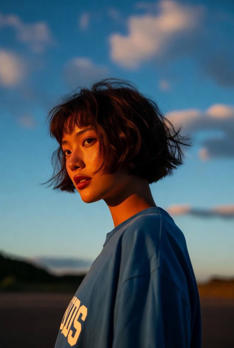 电影感金色时刻短发蓝卫衣亚裔少女 / Cinematic Asian Woman Blue Sweatshirt Golden Hour，人像与摄影，35mm、人像、电影感，案例输出图 2