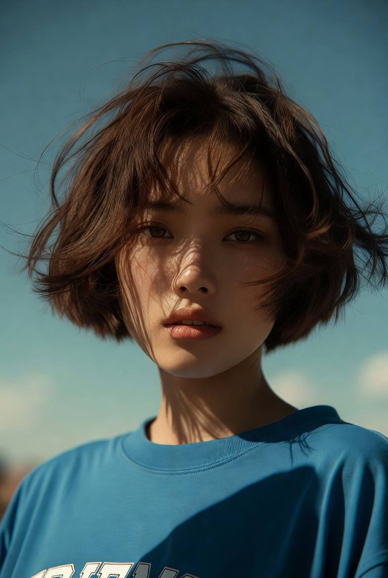 电影感金色时刻短发蓝卫衣亚裔少女 / Cinematic Asian Woman Blue Sweatshirt Golden Hour，人像与摄影，35mm、人像、电影感，案例输出图 1