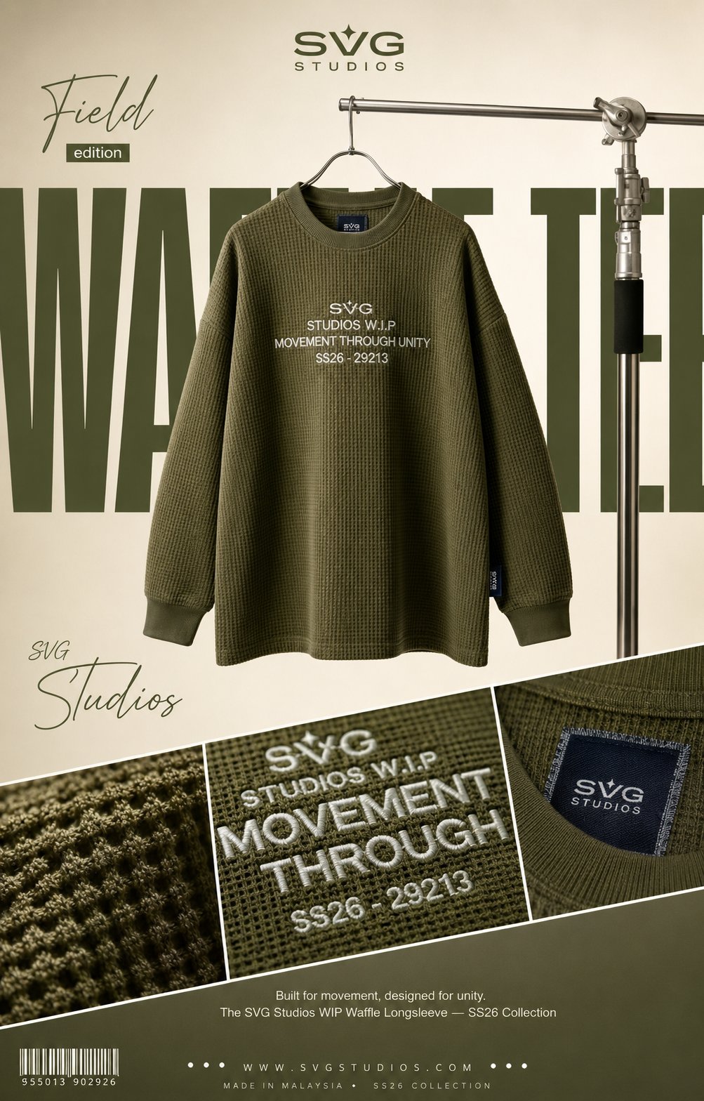 高端橄榄绿华夫格卫衣品牌海报 / Olive Army Green Waffle Tee Editorial Poster，人像与摄影，人像、时尚、海报，案例输出图 1