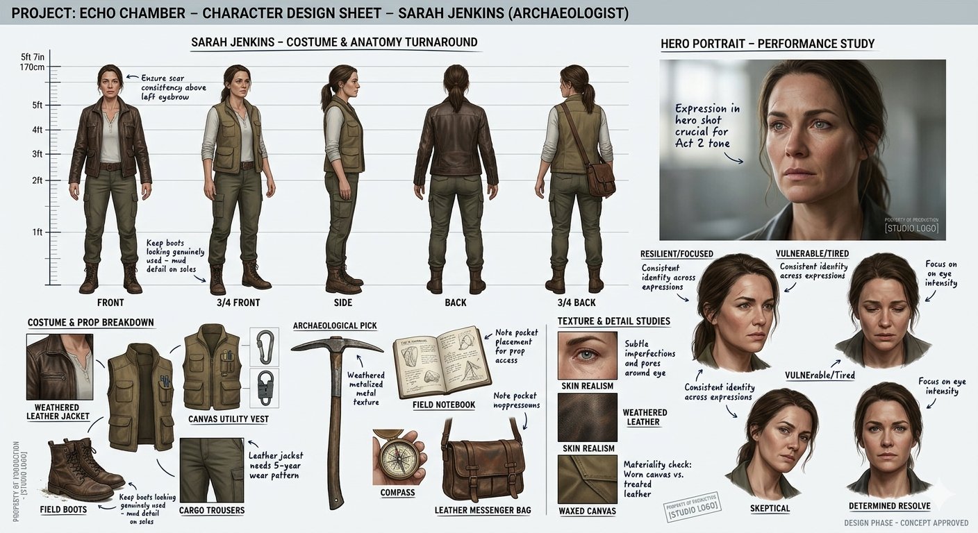 高端电影写实角色设计方案概念草图 / High End Cinematic Character Design Sheet，角色设计，35mm、人像、电影感，案例输出图 2