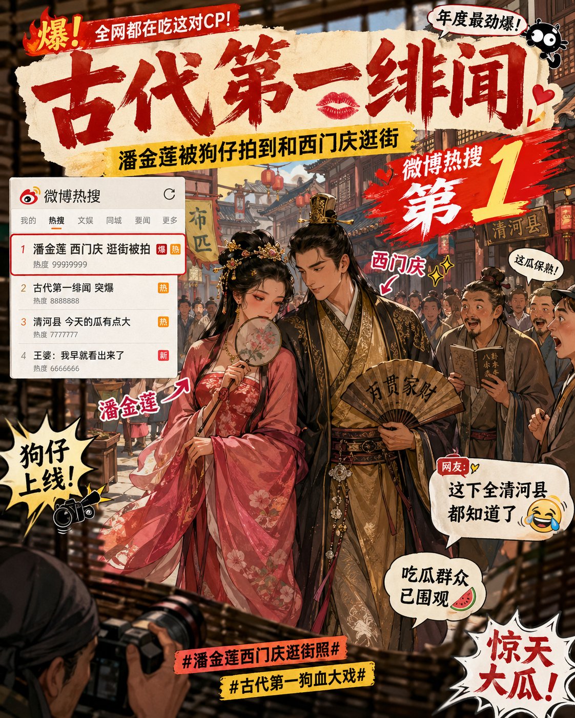 潘金莲与西门庆约会购物被狗仔偷拍现场 / Pan Jinlian Ximen Qing Scandal Paparazzi,海报与插画,海报、插画、海报与插画,案例输出图 1