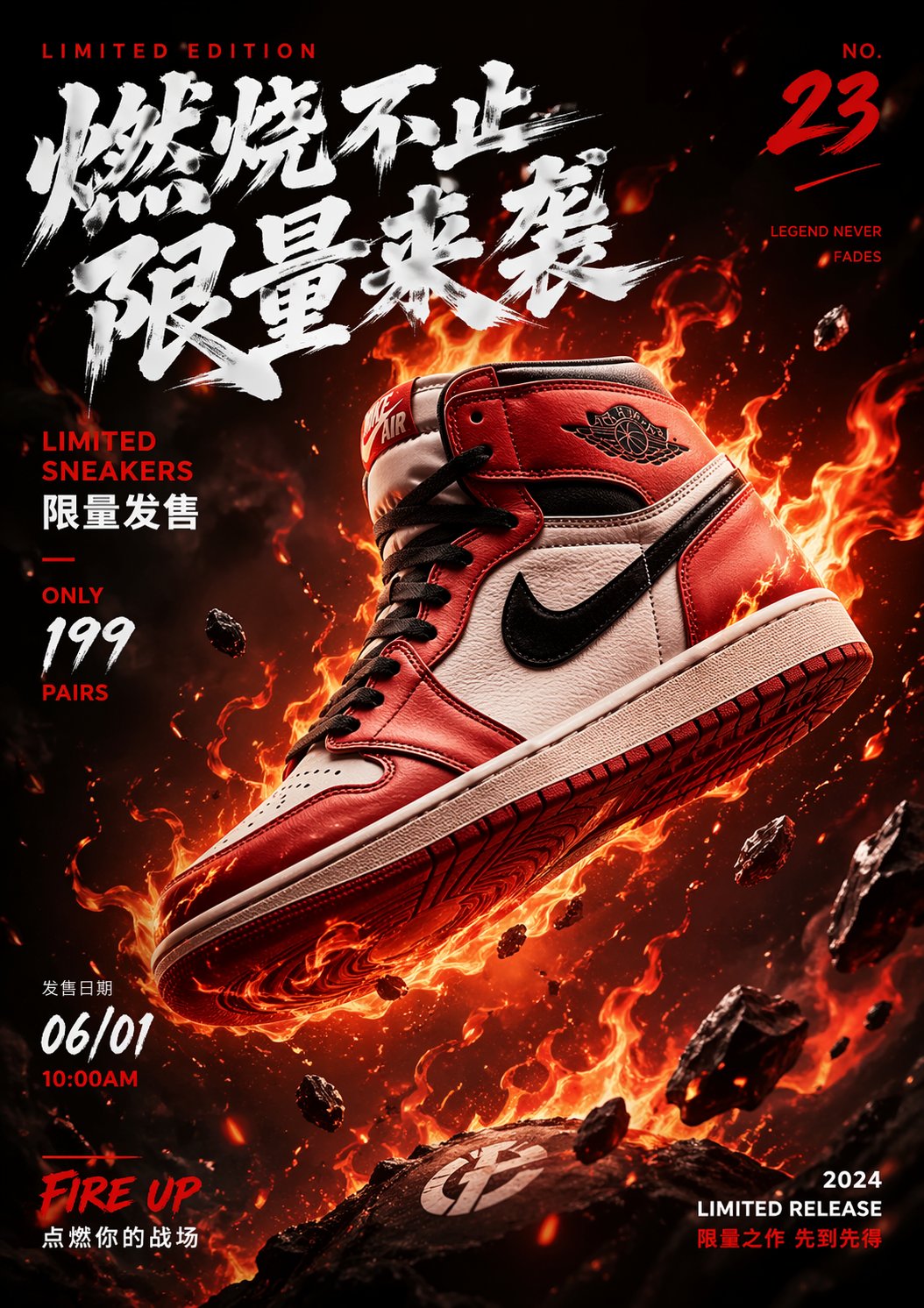 限量球鞋发售海报悬浮火焰背景 / Limited Edition Sneaker Poster Floating Flames,海报与插画,海报、插画、海报与插画,案例输出图 1