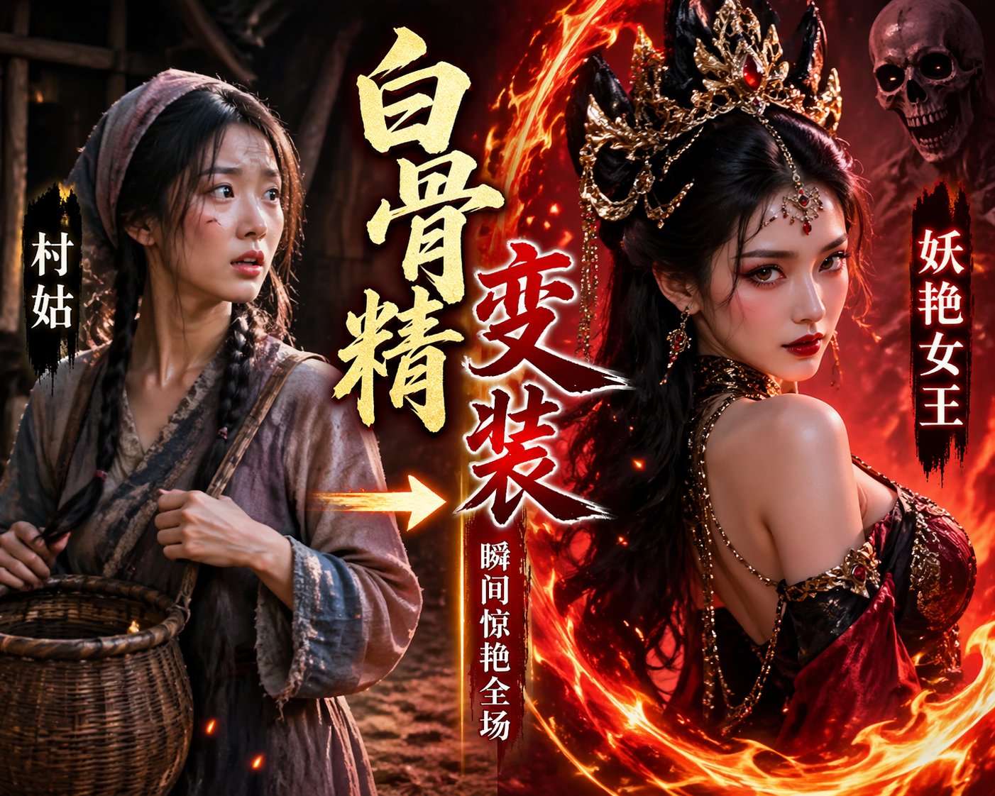 白骨精变装村姑变身妖艳女王火焰特效 / White Bone Demon Transformation Glamorous Queen Flames,海报与插画,海报、插画、海报与插画,案例输出图 1