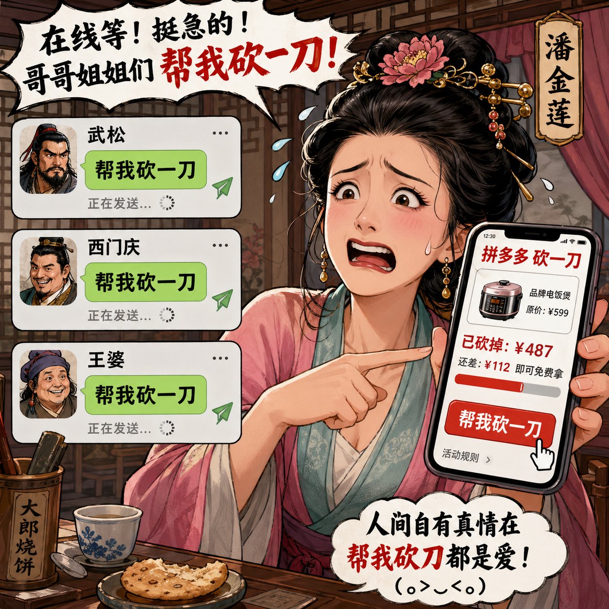潘金莲群发拼多多砍一刀信息给武松西门庆 / Pan Jinlian Pinduoduo Slash Price Request,海报与插画,海报、插画、海报与插画,案例输出图 1