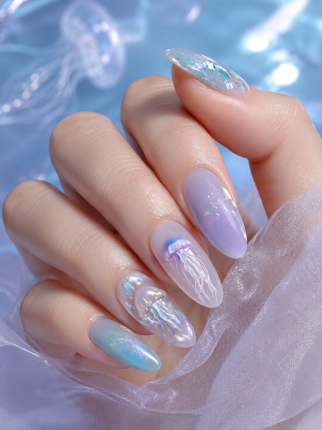 水母主题高级美甲写实特写 / Jellyfish Inspired Luxury Manicure Close Up，人像与摄影，人像、时尚、人像与摄影，案例输出图 2