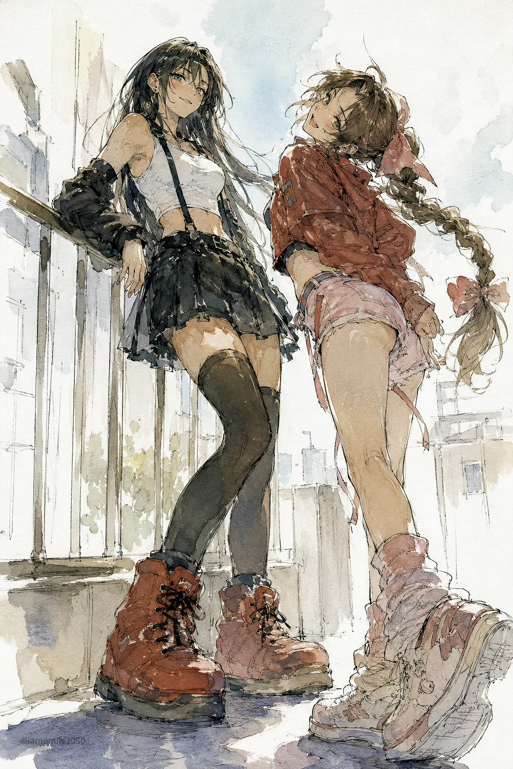 阳光露台少女水彩漫画速写 / Watercolor Manga Sketch Girls Sunlit Balcony，角色设计，时尚、插画、角色，案例输出图 1