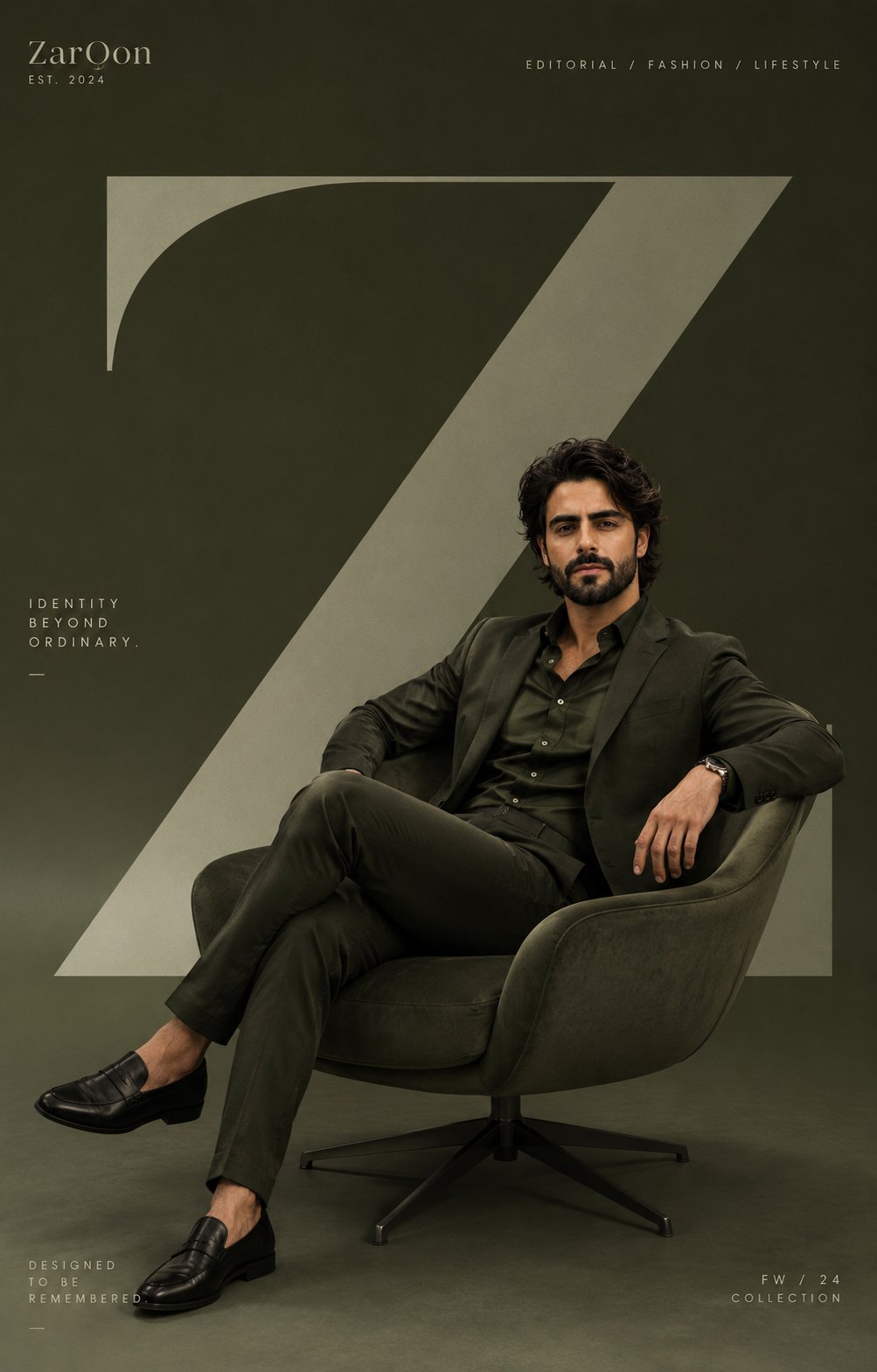 ZarOon极简现代绿色高级感时尚海报 / Zaroon Minimalist Green Editorial Fashion Poster，人像与摄影，人像、电影感、时尚，案例输出图 1