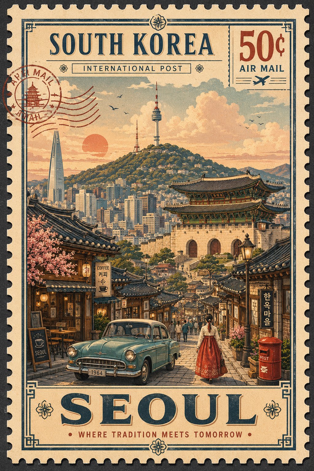 复古怀旧邮票风旅行插画提示词 / Vintage Postage Stamp Travel Illustration Prompt，UI 与社交媒体截图，电影感、时尚、海报，案例输出图 1