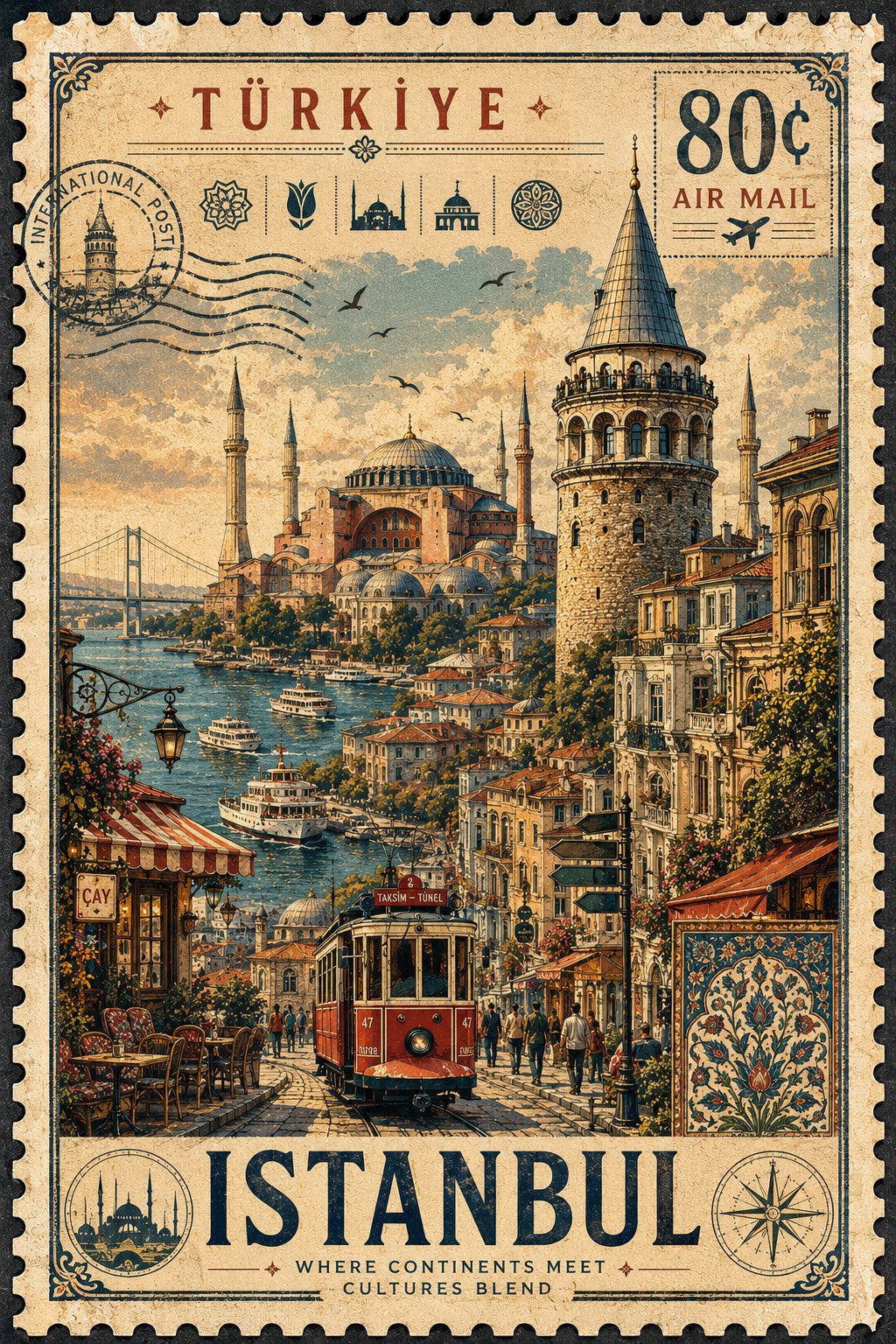 复古怀旧邮票风旅行插画提示词 / Vintage Postage Stamp Travel Illustration Prompt，UI 与社交媒体截图，电影感、时尚、海报，案例输出图 2