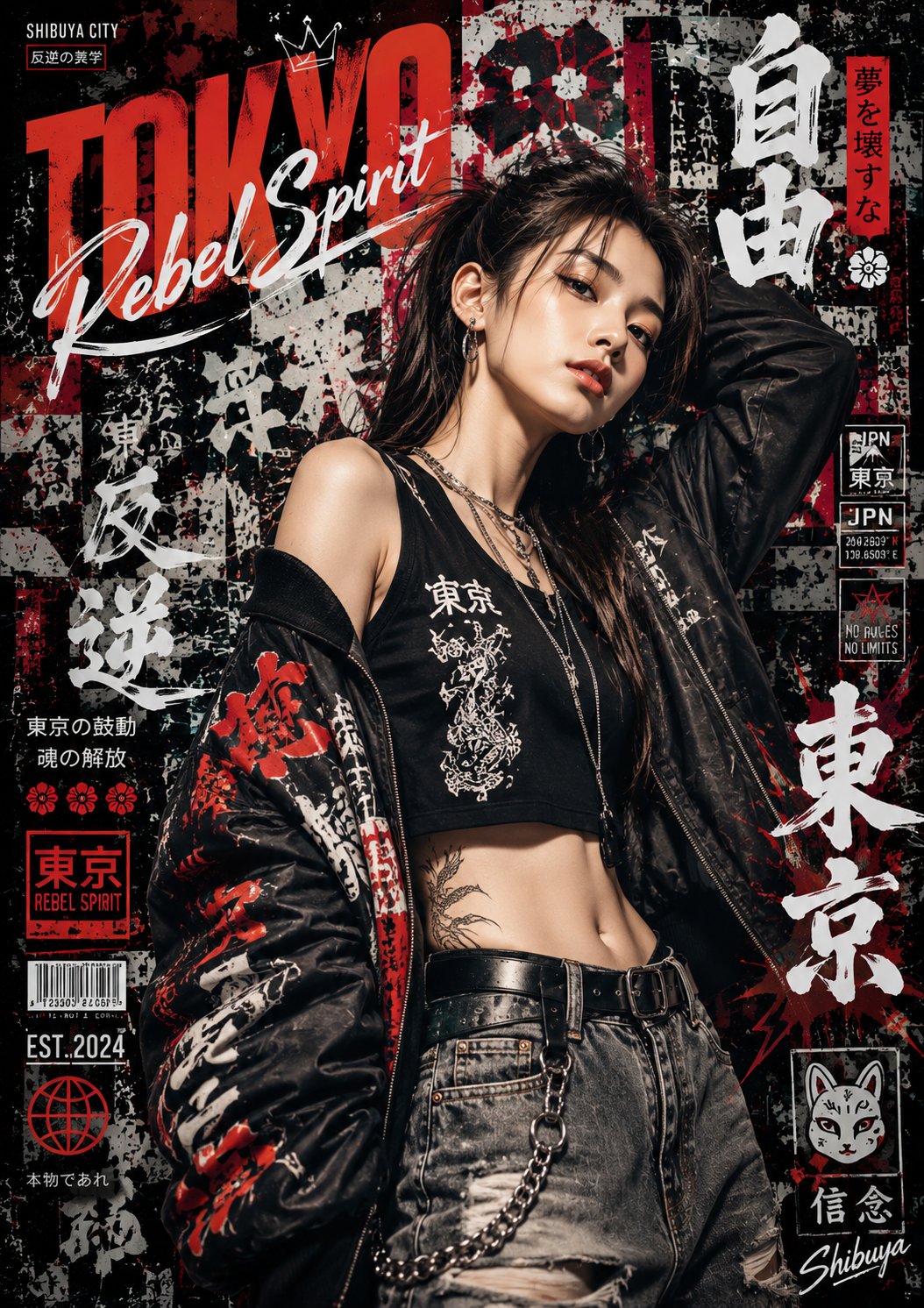 高端日系涂鸦街头潮流人像海报 / Japanese Graffiti Urban Fashion Portrait Poster，人像与摄影，霓虹、人像、电影感，案例输出图 1