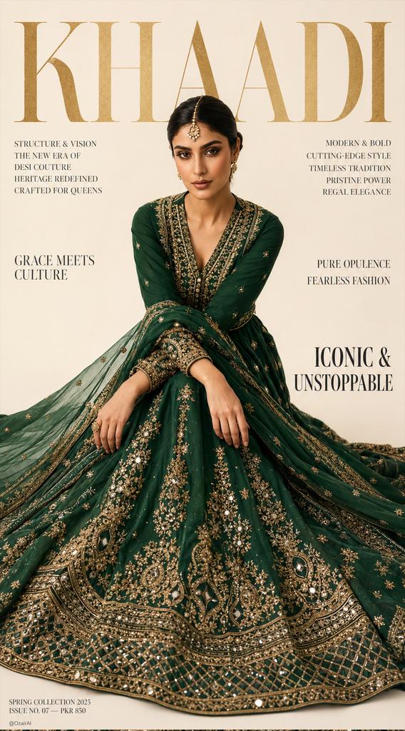 高端南亚时尚杂志封面翡翠绿刺绣礼服 / Luxury South Asian Fashion Magazine Cover Emerald Lehenga，人像与摄影，人像、电影感、时尚，案例输出图 2
