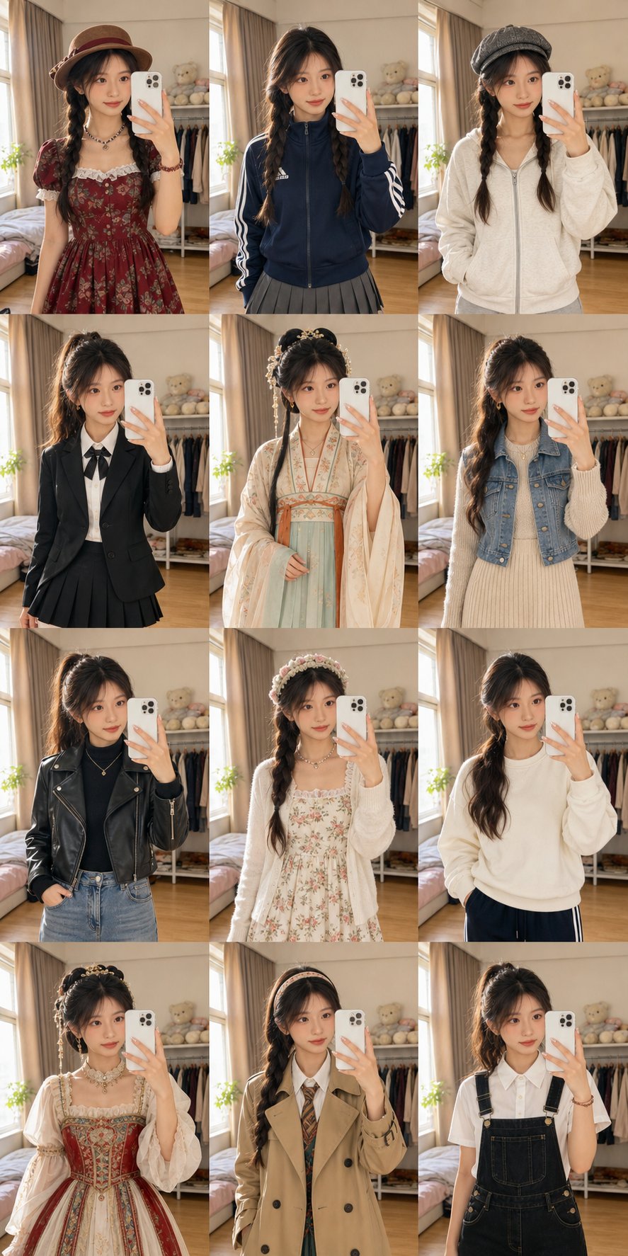 十二宫格少女每日穿搭镜面自拍 / 12 Panel Mirror Selfie Outfit Collage，人像与摄影，人像、排版、品牌，案例输出图 1
