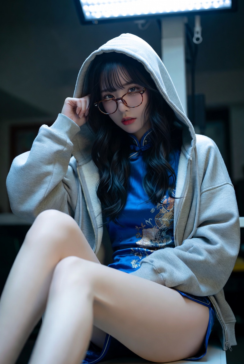 废弃手术室日韩系旗袍眼镜美女模特 / Japanese Korean Model Cheongsam Abandoned Operating Room，人像与摄影，人像、时尚、竖版，案例输出图 1