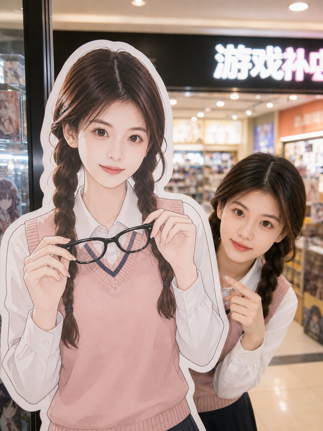 真人与动漫立牌同框写实摄影 / Realistic Portrait Anime Standee Interaction,模型对比与社区,人像、二次元、产品图,案例输出图 1