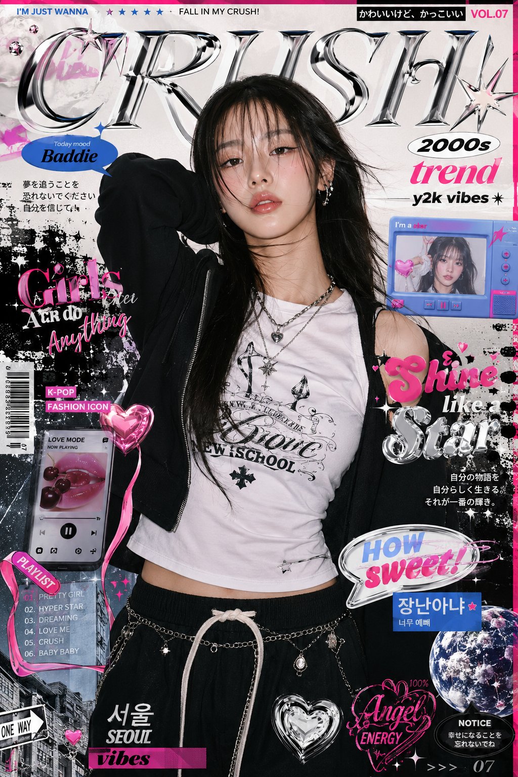 Y2K复古韩系街头时尚杂志封面艺术 / Y2k Inspired K Style Editorial Artwork,UI 与社交媒体截图,电影感、时尚、海报,案例输出图 1