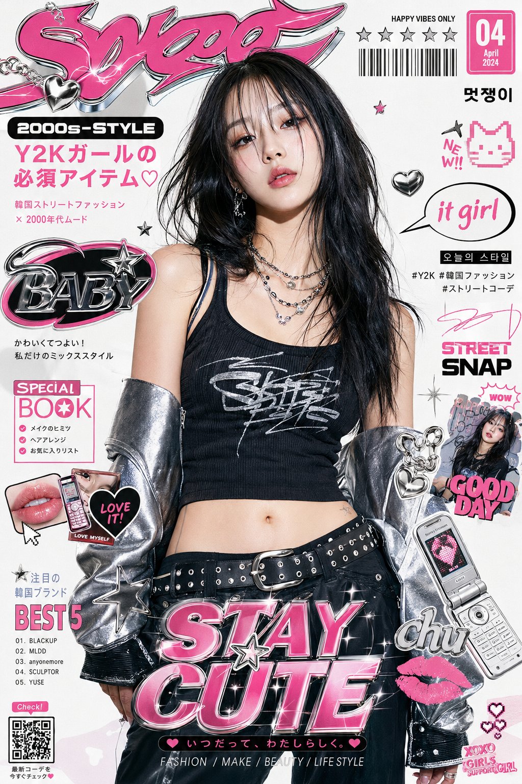 Y2K复古韩系街头时尚杂志封面艺术 / Y2k Inspired K Style Editorial Artwork，UI 与社交媒体截图，电影感、时尚、海报，案例输出图 2