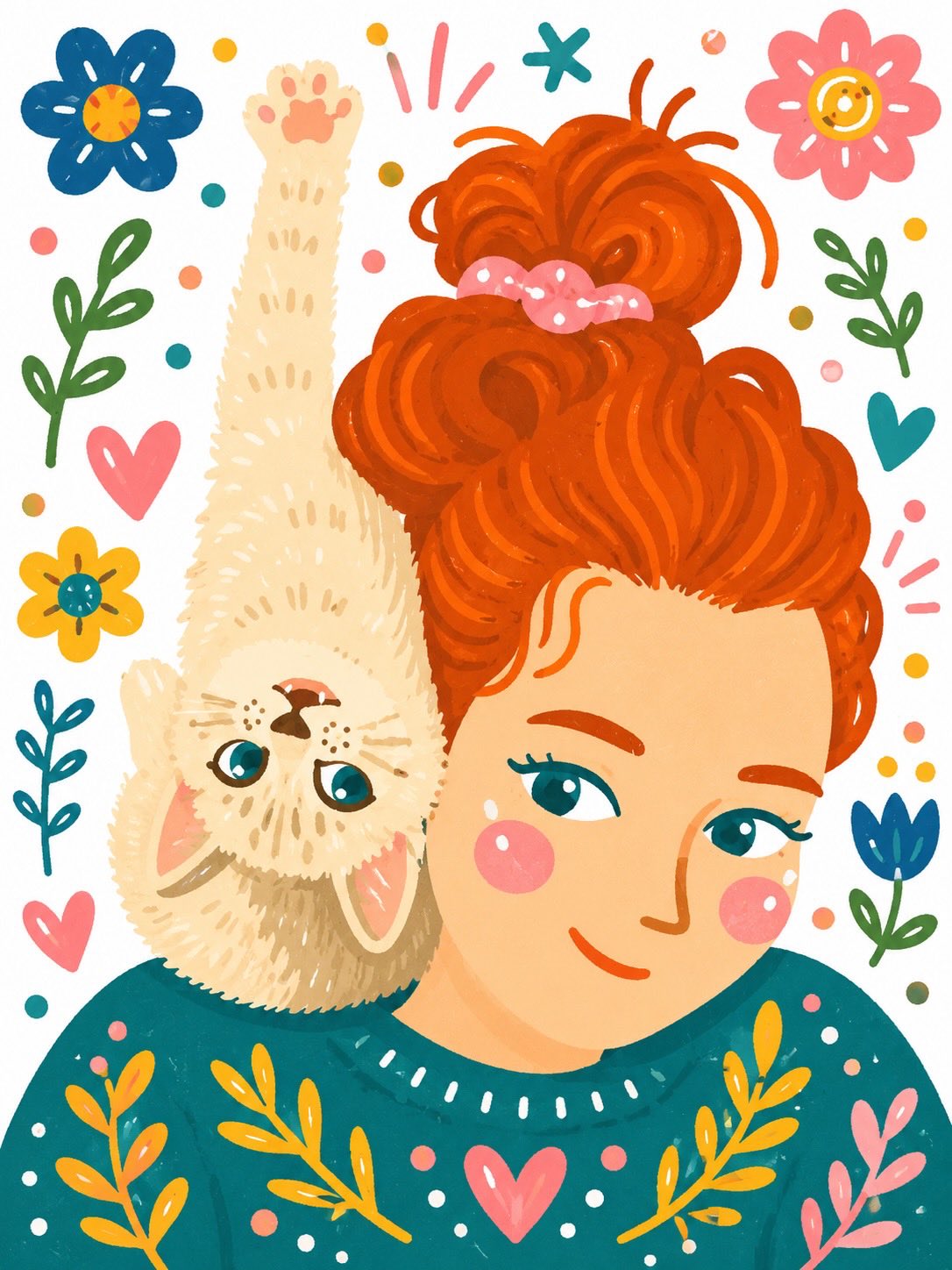 斯堪的纳维亚风红发女孩与倒挂小猫绘本插画 / Whimsical Girl Kitten Folk Art Illustration，海报与插画，海报、插画、水彩，案例输出图 1