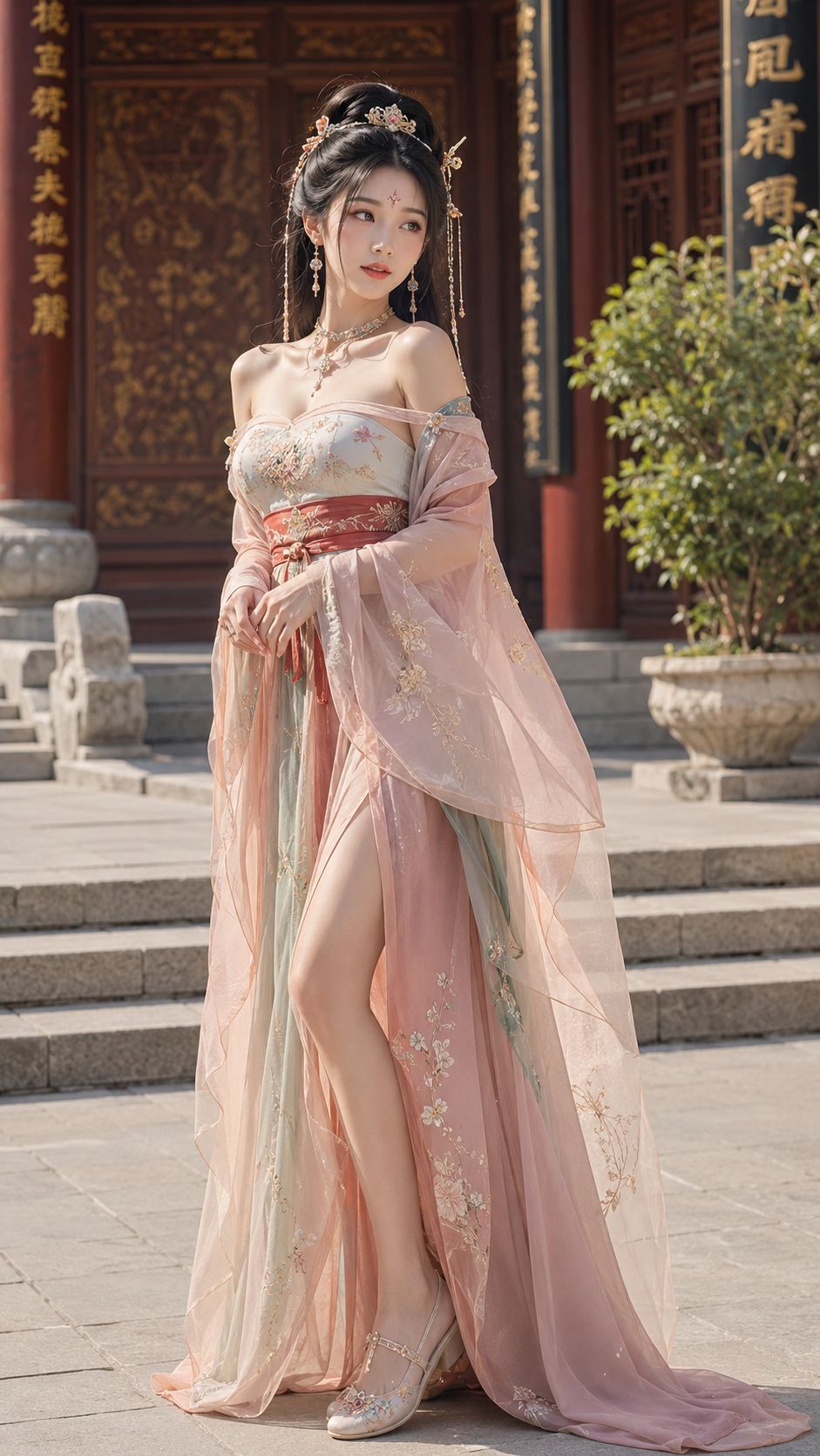 18岁中国网红美女唐风露肩开衩汉服 / 18 Year Old Chinese Influencer Tang Style Hanfu，海报与插画，海报、插画、竖版，案例输出图 2