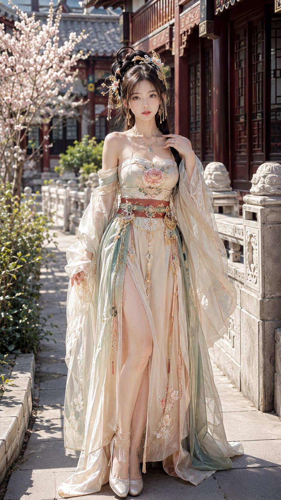 18岁中国网红美女唐风露肩开衩汉服 / 18 Year Old Chinese Influencer Tang Style Hanfu,海报与插画,海报、插画、竖版,案例输出图 1
