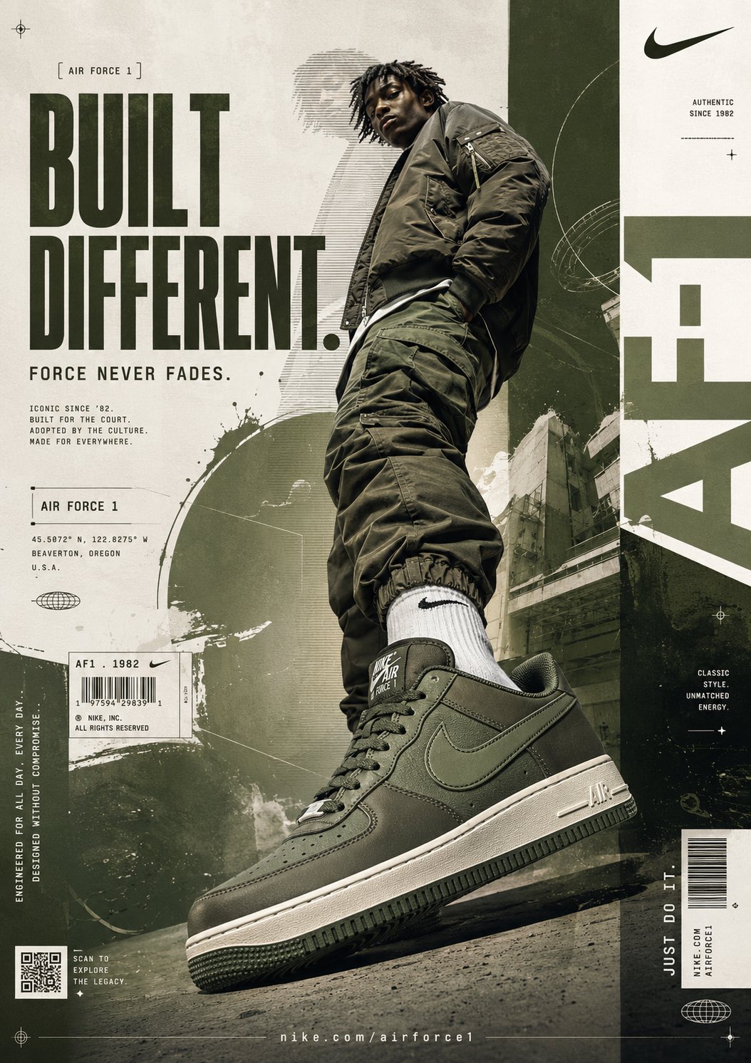 耐克空军一号暗绿工业风海报设计 / Nike Air Force 1 Moody Green Techwear Poster，UI 与社交媒体截图，电影感、时尚、海报，案例输出图 1