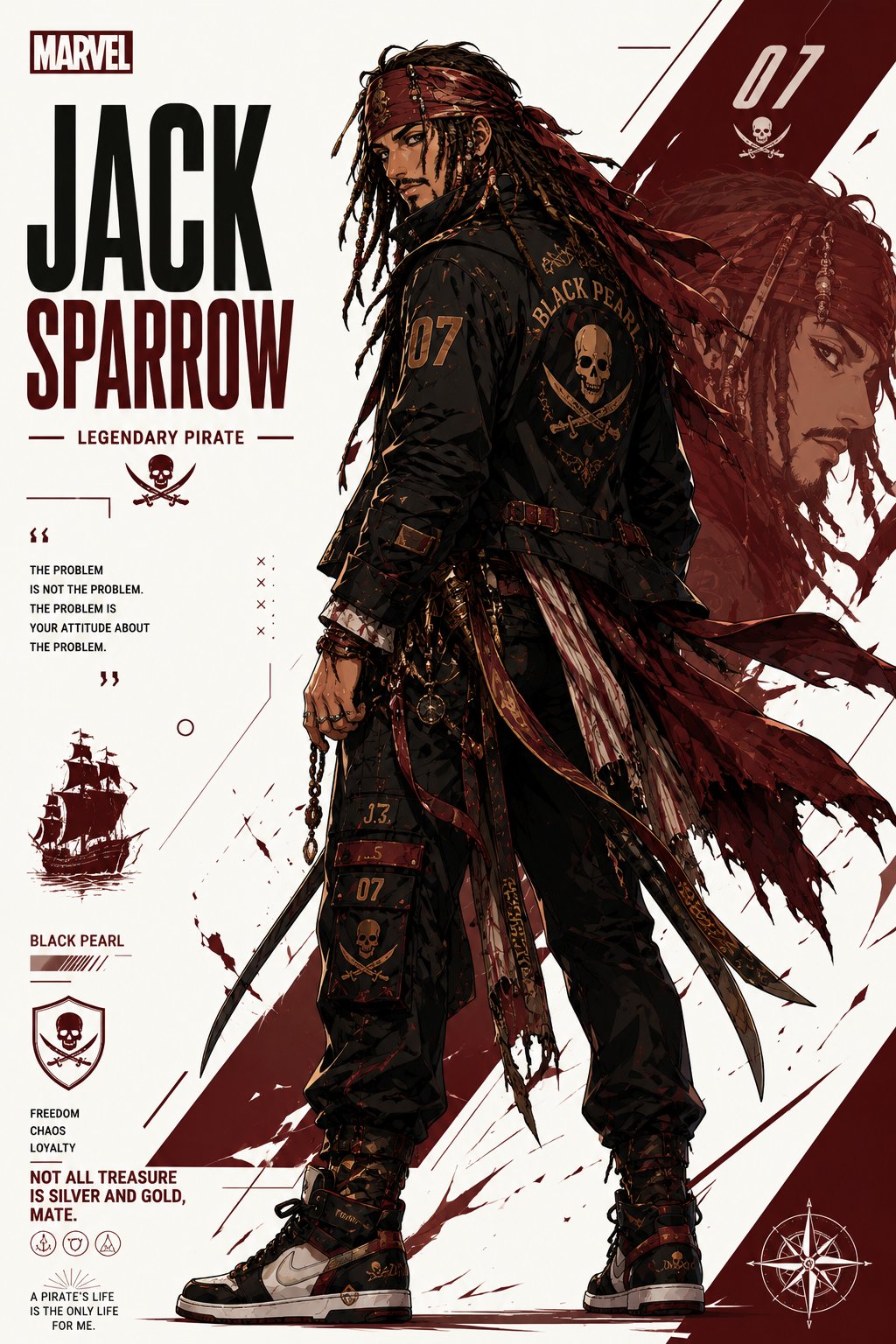 福尔摩斯杰克船长赛博街头风海报 / Sherlock Holmes Jack Sparrow Futuristic Streetwear Anime Poster，角色设计，电影感、海报、插画，案例输出图 2