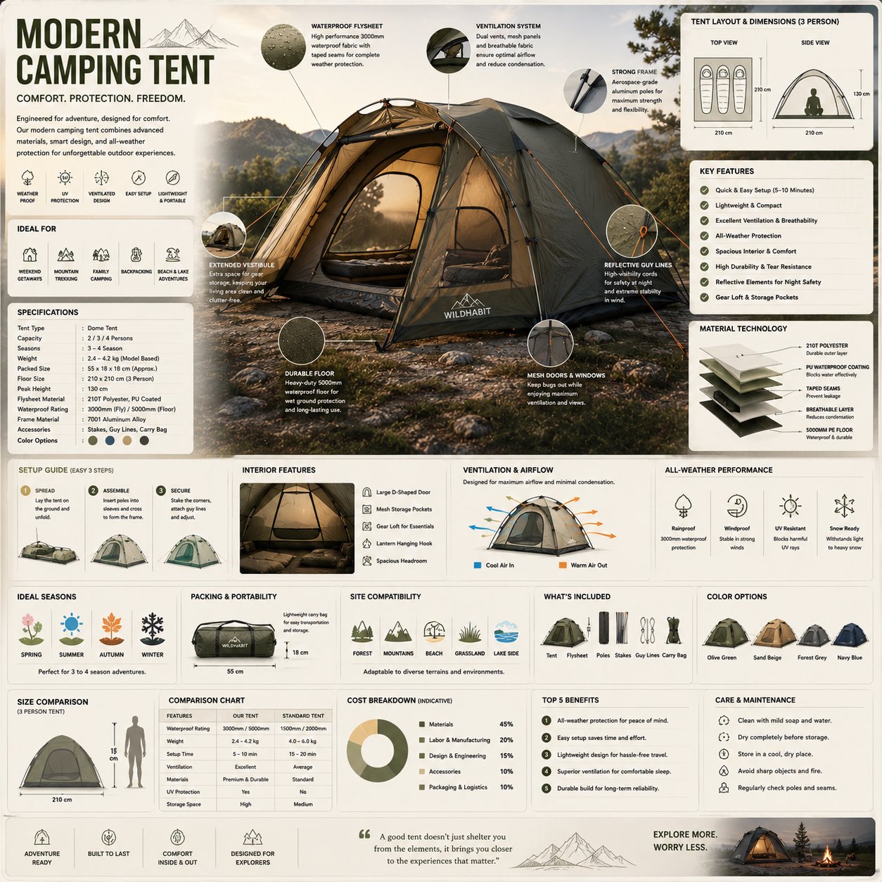 高端现代露营帐篷百科参考信息图 / Premium Modern Camping Tent Infographic，模型对比与社区，电影感、时尚、海报，案例输出图 1