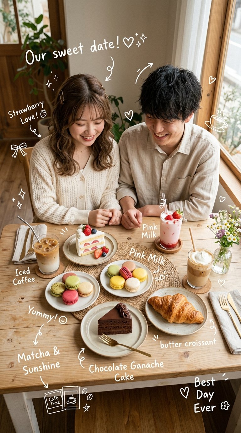 日韩风氛围感甜品店情侣摄影 / Ultra Realistic Japanese Korean Cafe Couple Photography，人像与摄影，霓虹、人像、电影感，案例输出图 2
