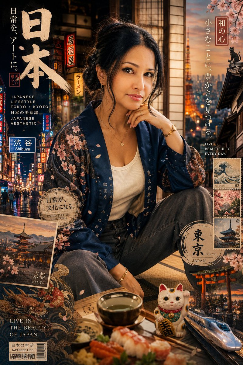 精致日系都市生活时尚人像海报 / Modern Japanese Lifestyle Fashion Poster，人像与摄影，霓虹、人像、电影感，案例输出图 1