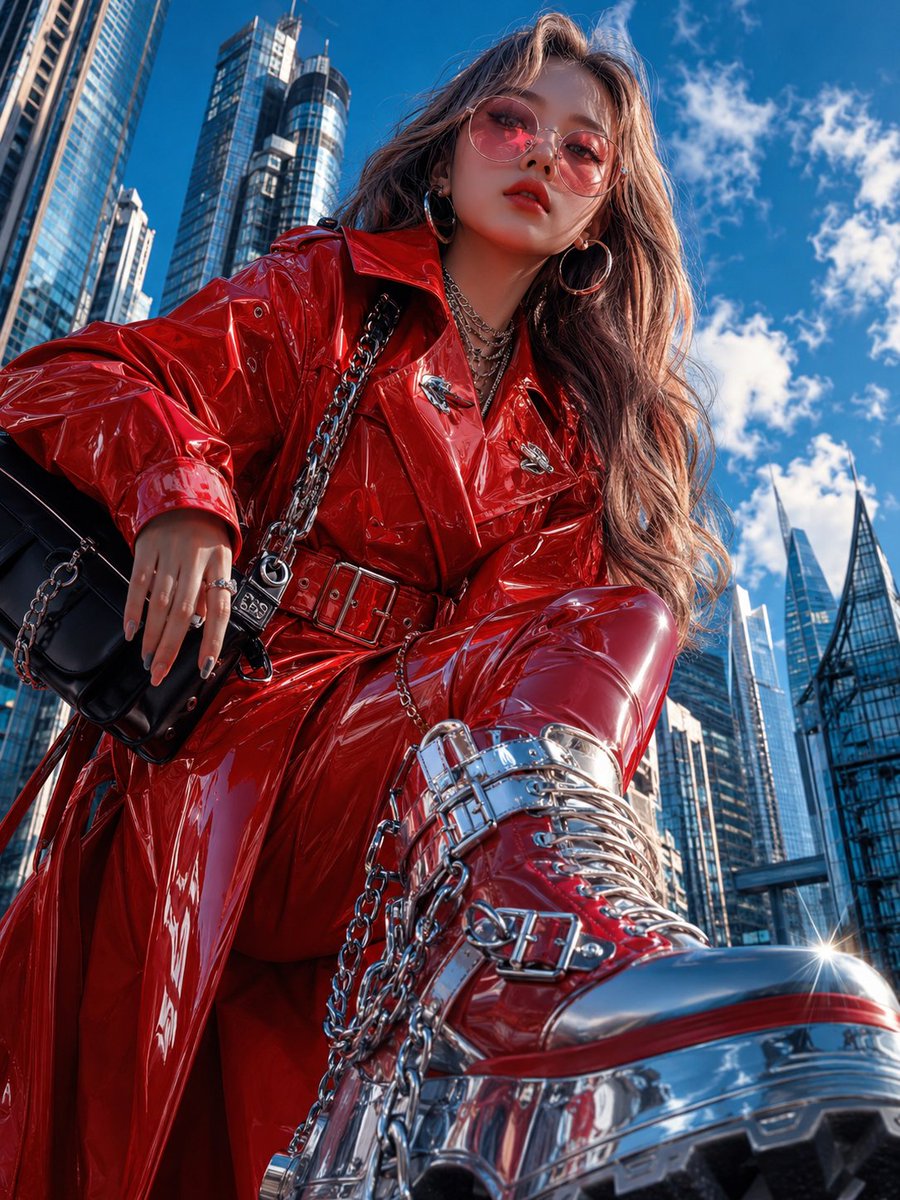 赛博朋克红漆皮风衣女性时尚大片 / Red Patent Leather Cyberpunk Fashion Portrait，人像与摄影，人像、电影感、时尚，案例输出图 1