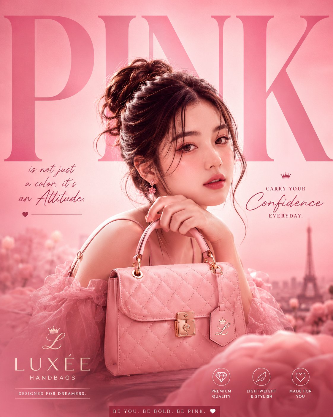 粉色唯美奢侈品手提包女孩广告 / Luxury Pink Handbag Girl Advertisement，角色设计，电影感、角色、产品图，案例输出图 1