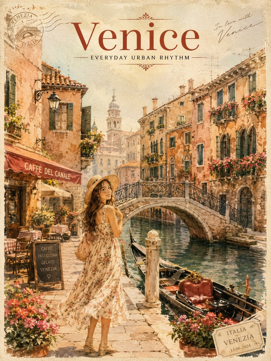 威尼斯水城复古旅行海报浪漫水彩风格 / Venice Canal Vintage Travel Poster，人像与摄影，人像、电影感、海报，案例输出图 1
