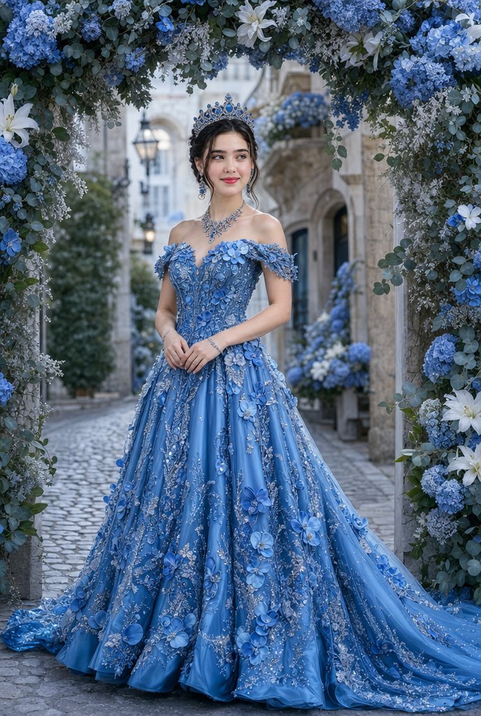 蔚蓝丝绸礼服与繁花拱门下的人像 / Cerulean Blue Silk Gown Floral Arch Fashion Model,人像与摄影,人像、时尚、人像与摄影,案例输出图 1