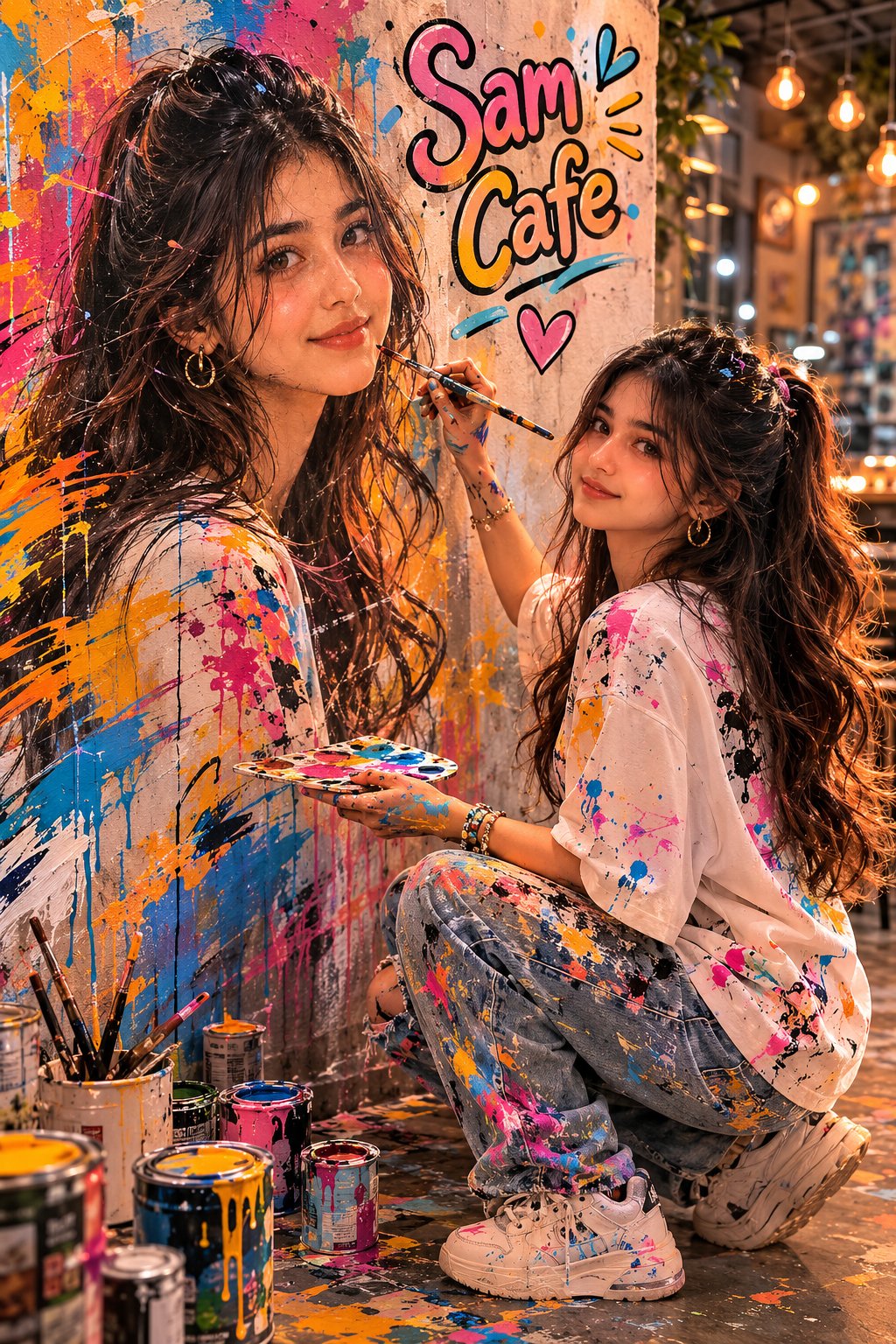 咖啡馆手绘壁画女孩超写实电影感肖像 / Hyper Realistic Mural Painting Girl Cafe Portrait，人像与摄影，人像、电影感、时尚，案例输出图 1