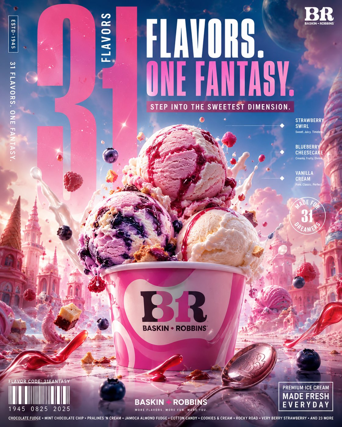 芭斯罗缤冰淇淋奇幻甜点宇宙大片 / Baskin Robbins Cinematic Ice Cream Campaign，模型对比与社区，霓虹、电影感、时尚，案例输出图 1