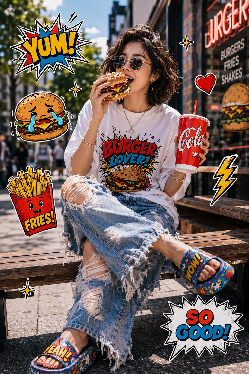 波普艺术风格时尚亚裔女生吃汉堡 / Stylish Asian Woman Pop Art Mixed Media Fashion，角色设计，35mm、人像、时尚，案例输出图 1